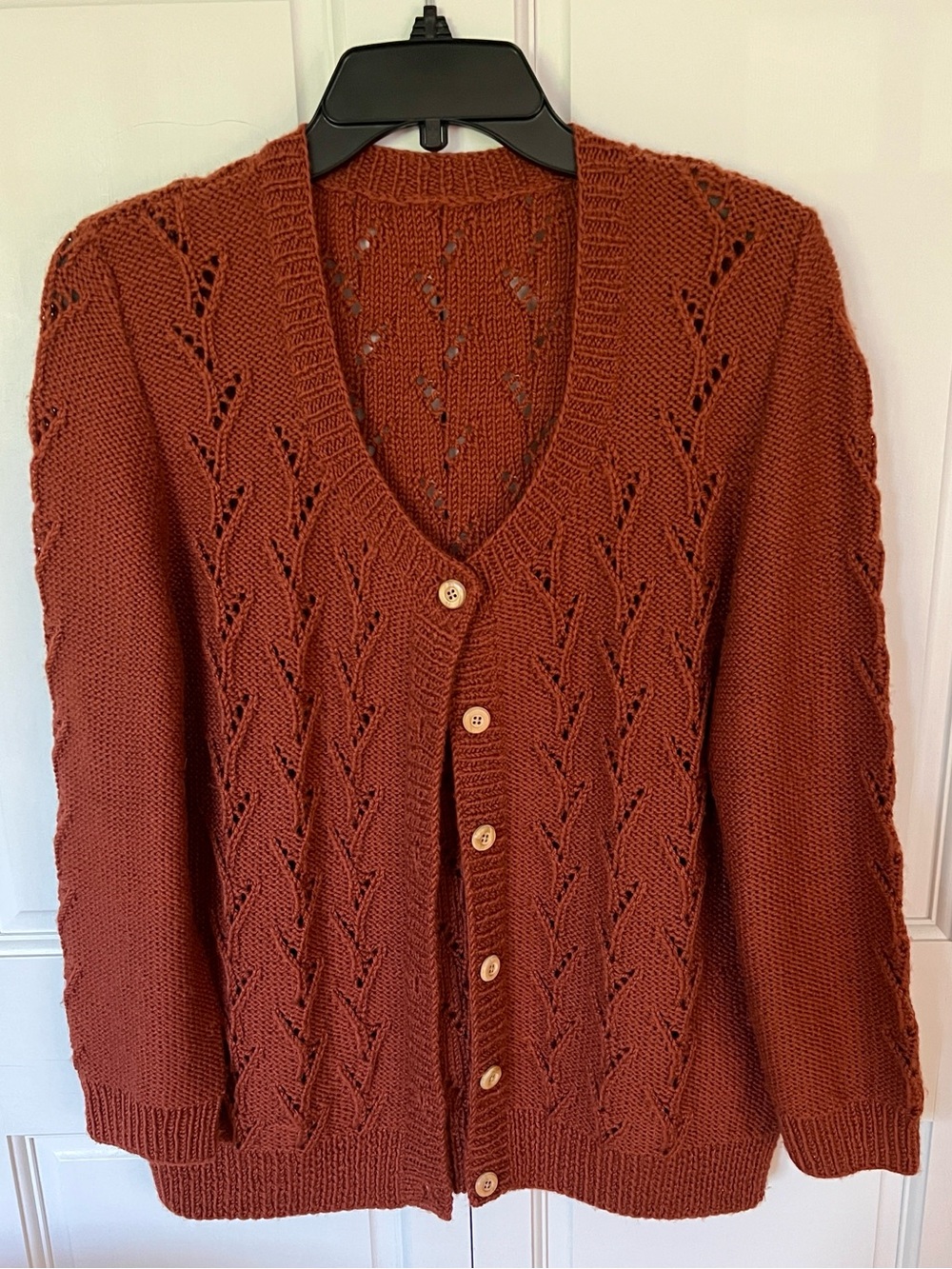Rust cardigan sweater, Merino Wool blend, lace design, hand knit, Women’s XL
